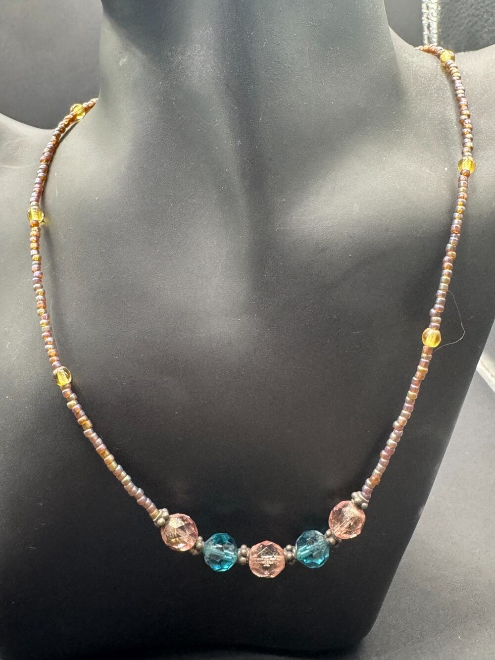 Vintage Faceted Crystal Glass Multicolor w/ Seed Bead Chain Beaded Necklace